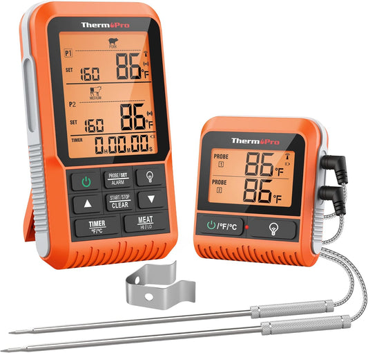 ThermoPro TP826 500FT Wireless Meat Thermometer, Dual Meat Probe Cooking Thermometer with HI/Low Alert, Food Grill