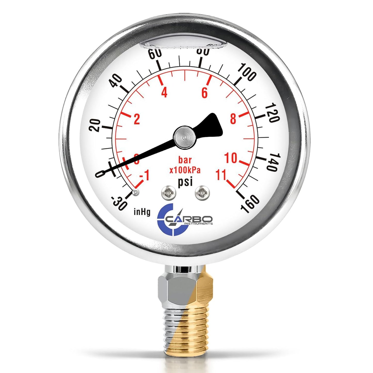 Compound Pressure Gauge -30 inHg to 160 PSI, Liquid Filled, 2.5" Dial, 1/4 NPT Lower Mount, 304 Stainless Steel Case, Brass Wetted Parts, Dual Scale PSI/inHg - ASME B40.1 Grade A