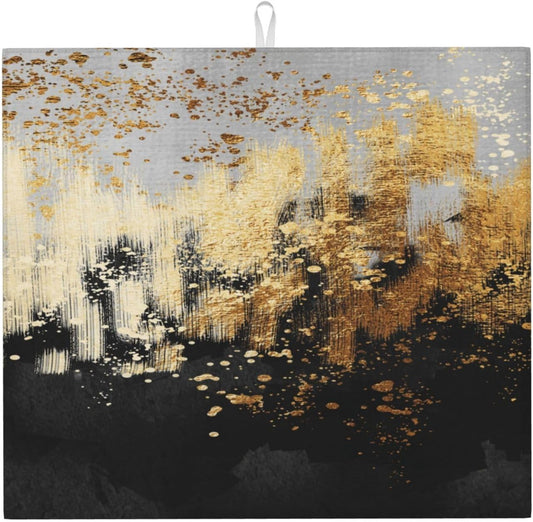 Black Gold Art Splash Dish Drying Mat for Kitchen Counter, Absorbent Microfiber Abstract Modern Drying Pad, 16 x 18 inch,