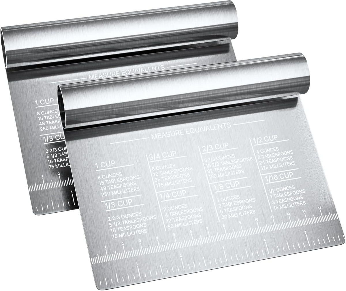 Bench Scraper for Baking, Food Scraper Stainless Steel Blade Dough Cutter with Engraved Measuring Guide &amp; Equivalent Chart, Scraper Tool kitchen Use for Scrapping, Cutting, Chopping, 2 Pack -by RamPro