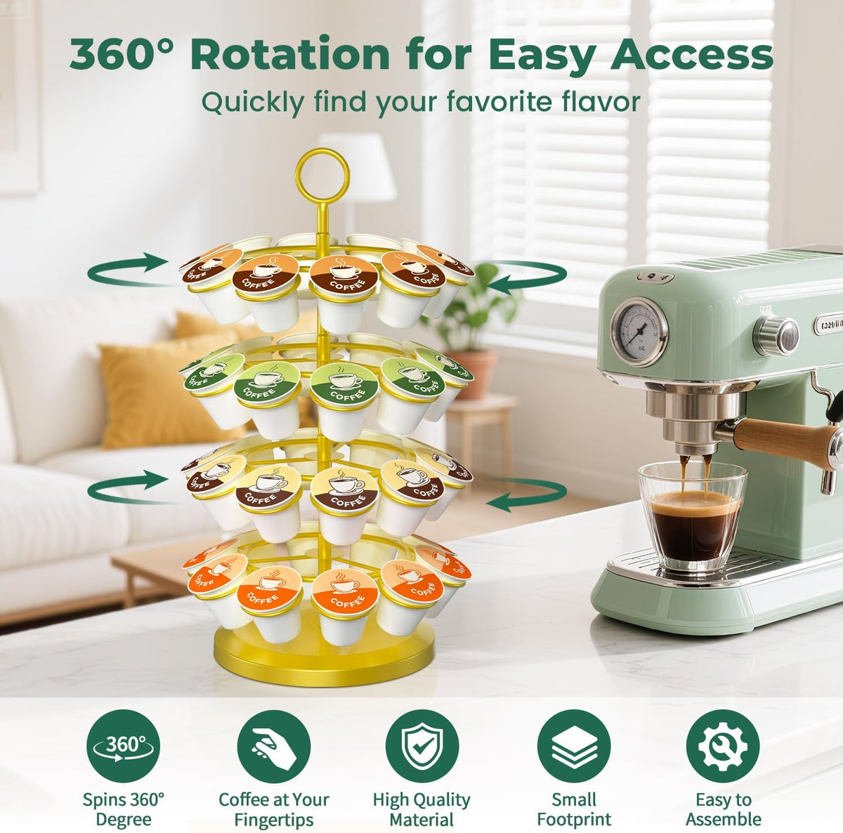 EsLuker.ly K Cup Holder Coffee Pod Organizer Carousel for Counter, Metal Storage Rack Stand for Kitchen, Rotatable 4 Tier Pod Tower Tree for 40 K Cups, Space Saving Meets Elegance, Gold