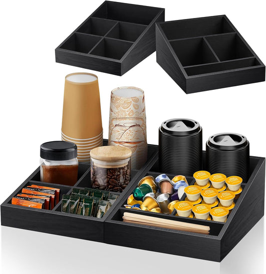 Coffee Station Organizer Coffee Condiment Service Tray with 9 Compartment for Counter, Wood Coffee Bar Supplies Organizer