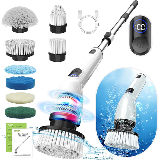 TUYU Electric Spin Scrubber, Full-Body IPX7 Waterproof Bathroom Scrubber with Power LCD Display, 8 Replacement Head,