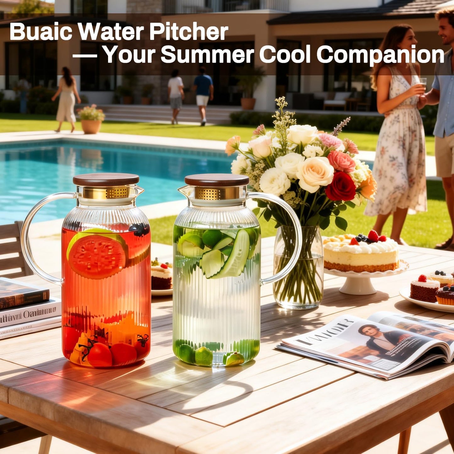 Buaic 2 PACK Glass Pitcher with Lid, 68oz/ 2 Liter Glass Water Pitcher | Classic Vertical Stripes Water Pitcher with Wooden Lids and Widened Handle, Glass Water Carafe for Iced Tea,Beverage,Hot/Cold