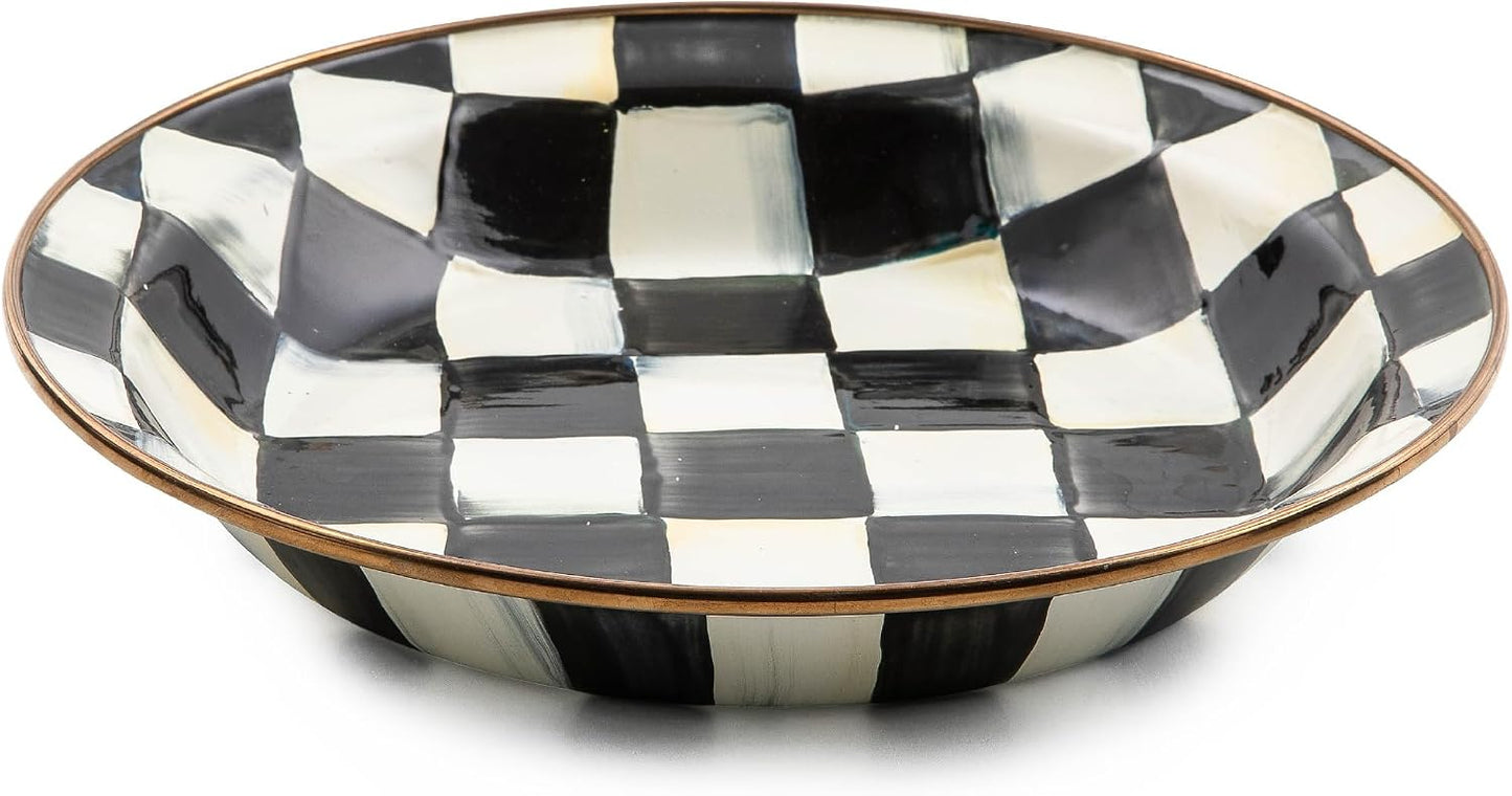 MACKENZIE-CHILDS Enamel Pie Plate, Black-and-White Courtly Check | Hand-painted design, made from enameled steel, ovenproof pie pan for cooking, 9.5" dia. x 1.5" deep, 4-cup capacity