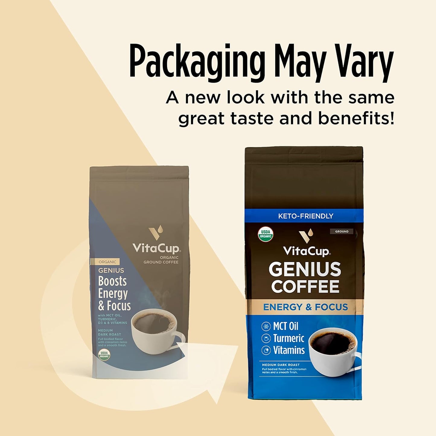 VitaCup Organic Genius Coffee Medium Dark Roast Ground Coffee, 30oz, 3 Bags | 100% Arabica, B Vitamins, D3, USDA Organic, MCT Oil, Turmeric, Coffee Grounds