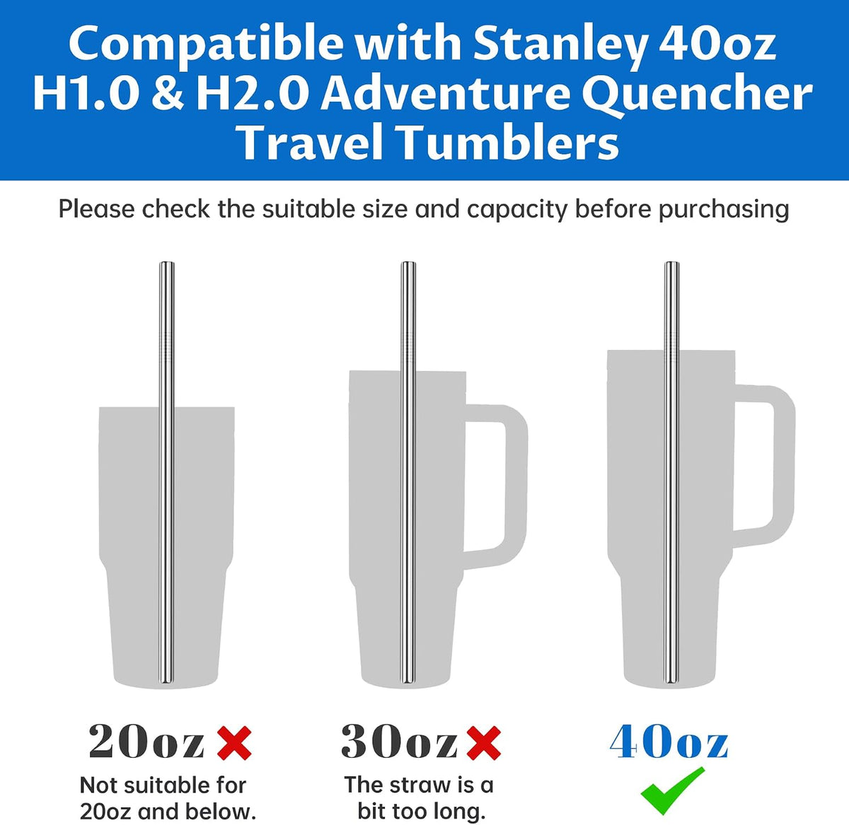Tomorotec 14PCS Stainless Steel Straws Fit for 40oz Stanley Tumbler, Silver