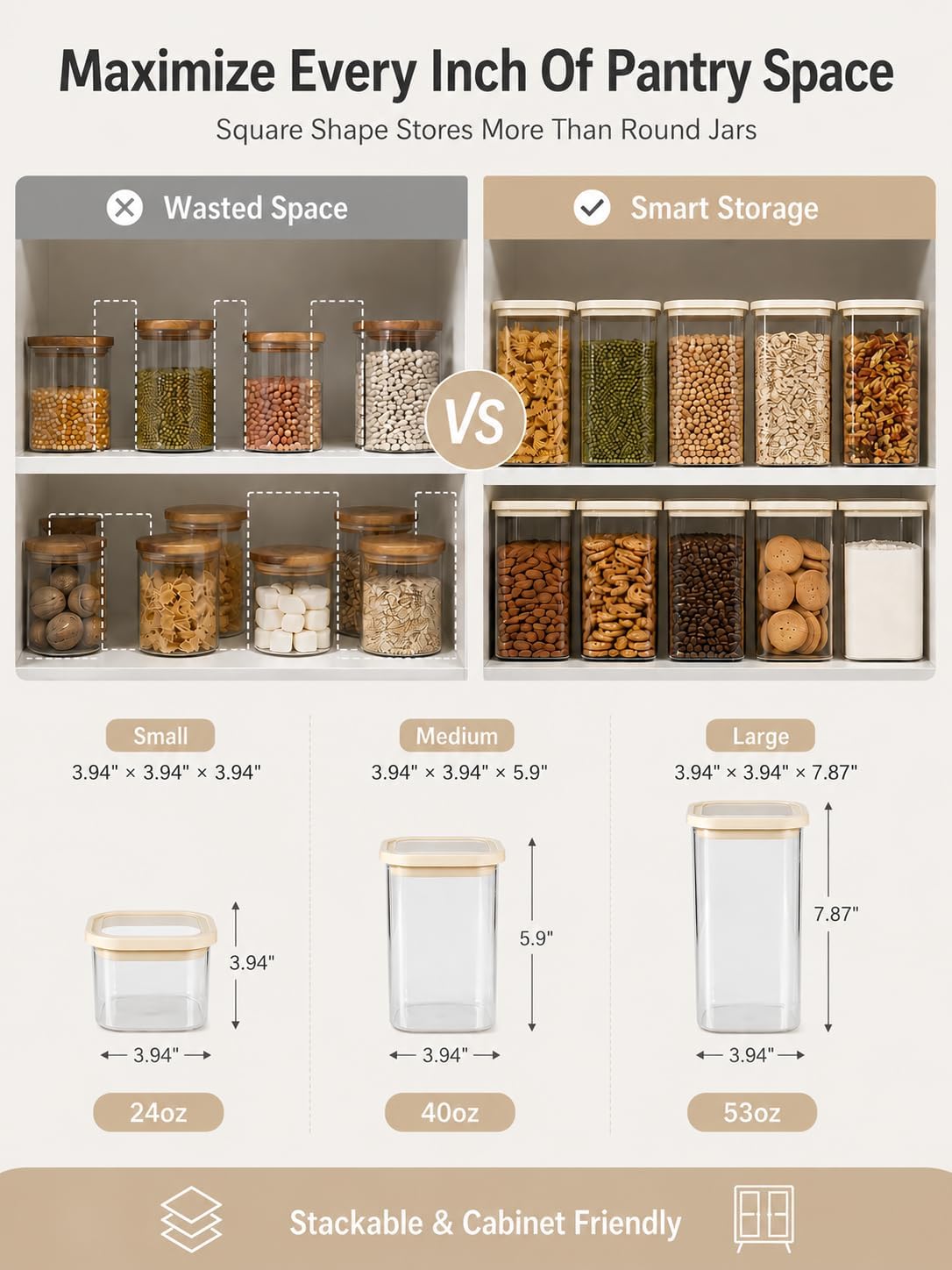 4pcs 25oz Square Pantry Glass Jars with Clear Airtight Lids Kitchen Canisters Sets for Flour, Sugar Refrigerator Safe, Patent Approved