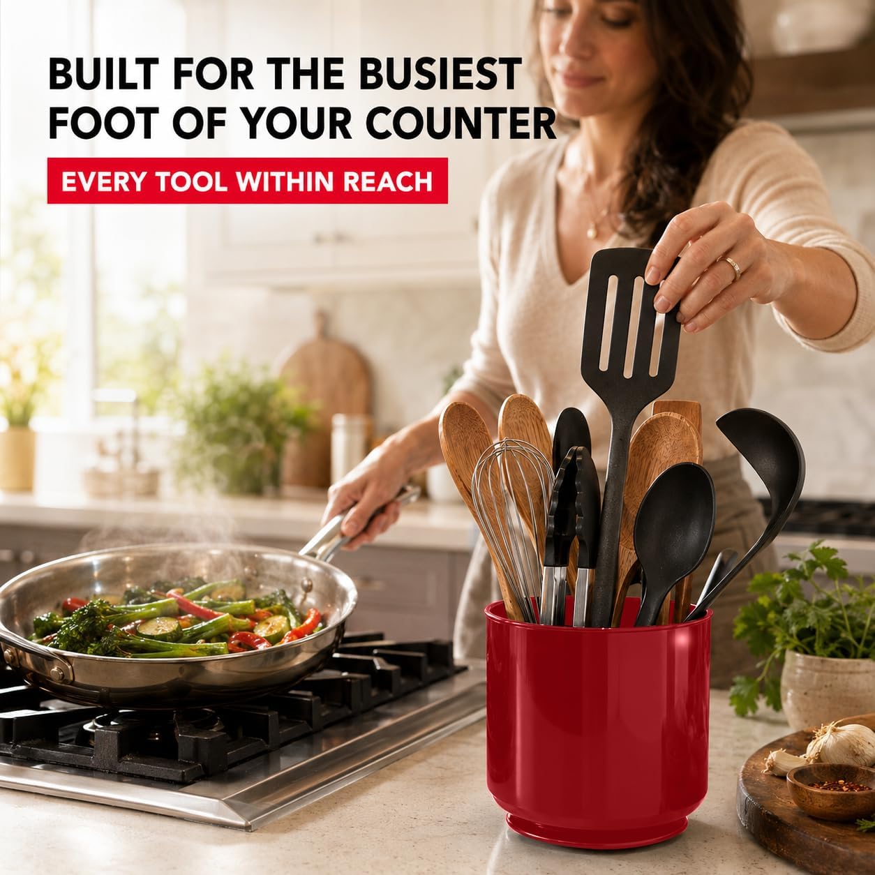 Extra Large Rotating Red Utensil Holder with Sturdy No-Tip Weighted Base, Removable Divider, and Gripped Insert | Rust Proof and Dishwasher Safe Kitchen Utensils Holder by Cooler Kitchen 7*7 Inches