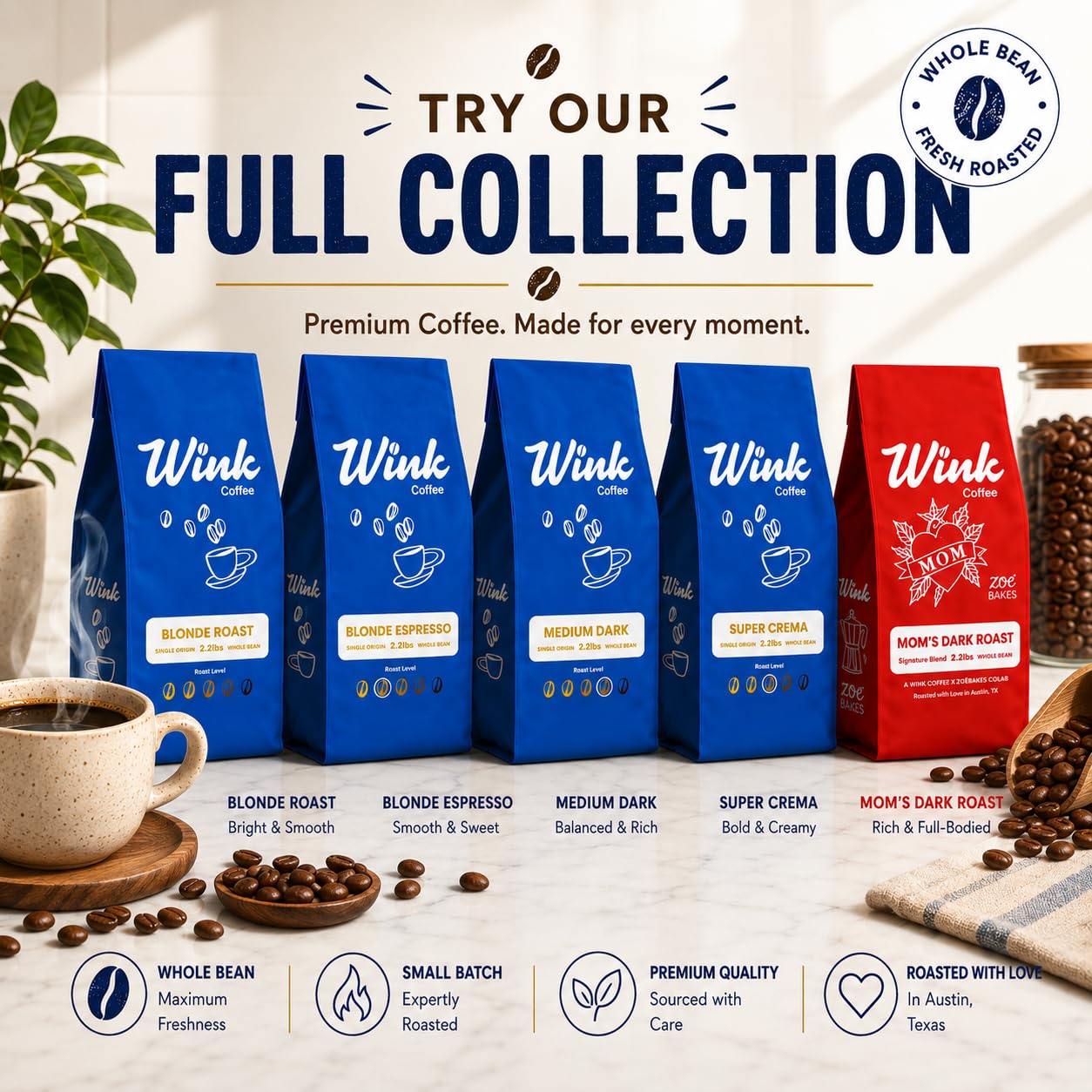 Wink Coffee Super Crema Whole Bean Coffee, 2.2 lb Bag, Medium Roast Espresso Coffee Beans, 100% Arabica, Single Origin, Gourmet, Small-Batch, Smooth &amp; Balanced Flavor, Sustainably Sourced