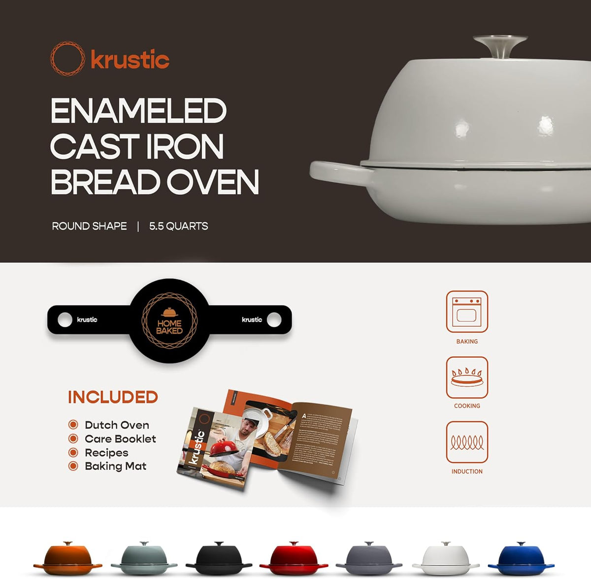 Enameled Cast Iron Dutch Oven for Sourdough Bread Baking | 6 Quart Pot with Lid | 10 Inch Ceramic Enamel Thick Coated Cookware Set with Non Stick Silicone Baking Mat for Cooking | 6 Qt | White