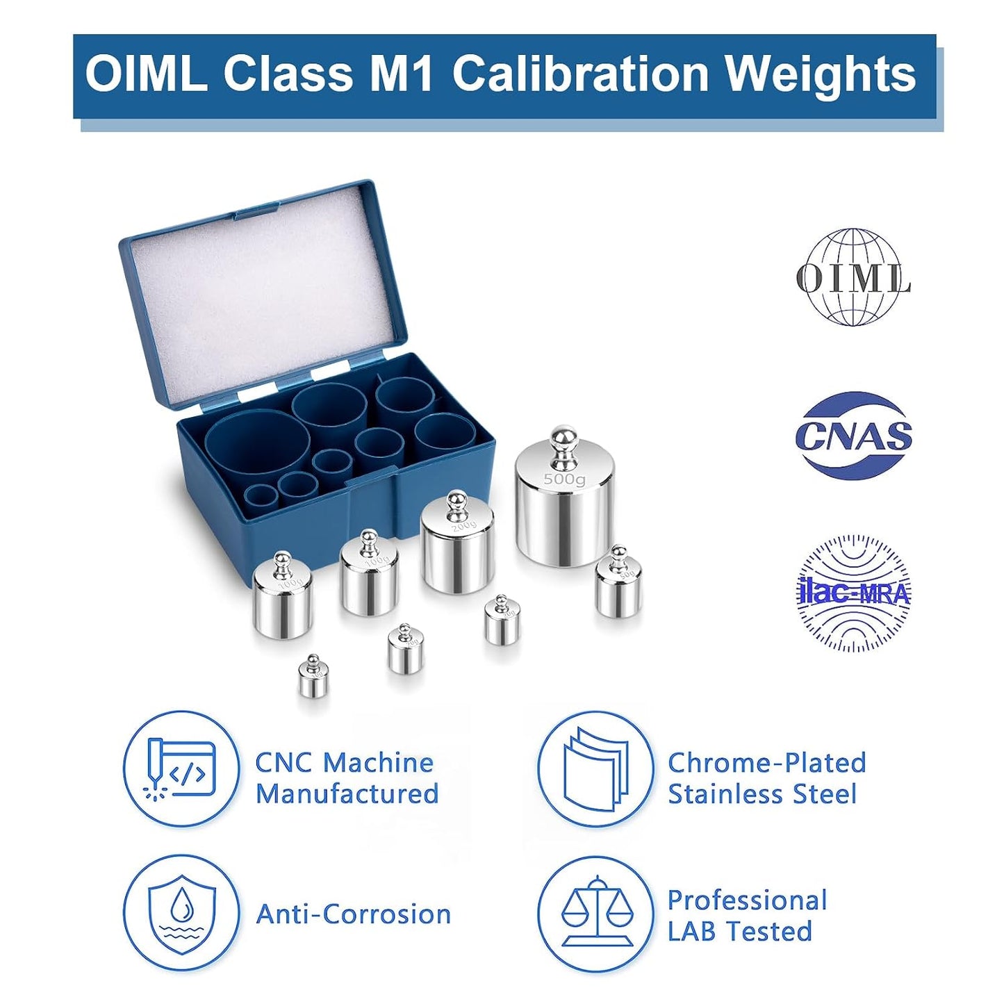 QP Calibration Weights 1000g, 8PCS OIML Class M1 High Precision Scale Calibration Weight Set, 10g 20g 50g 100g 200g 500g Calibration Weight with Tweezers for Digital Scale, Gram Scale, Lab Scale | 10g 20g 50g 100g 200g 500g Calibration Weight with Tweezer