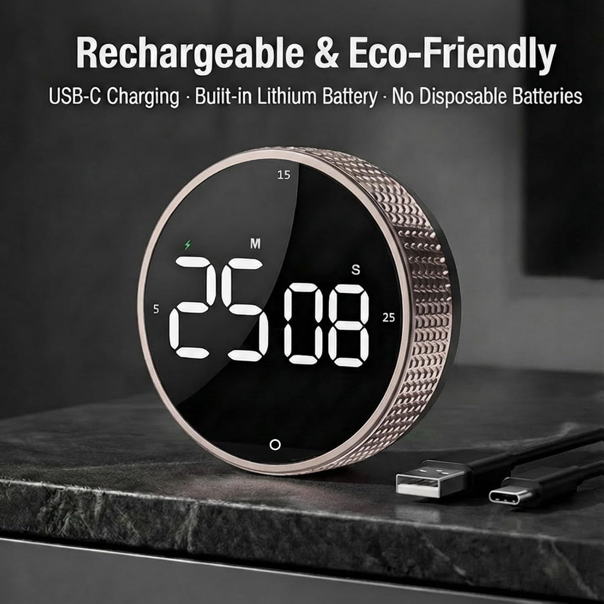 Rechargeable Magnetic Kitchen Timer with Rotary Dial