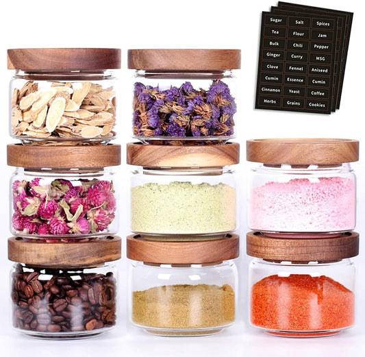 8 Pcs Spice Containers - 8.5oz Glass Spice Jars With Acacia Airtight Lid and Labels - Stackable Empty Round Spice Bottles