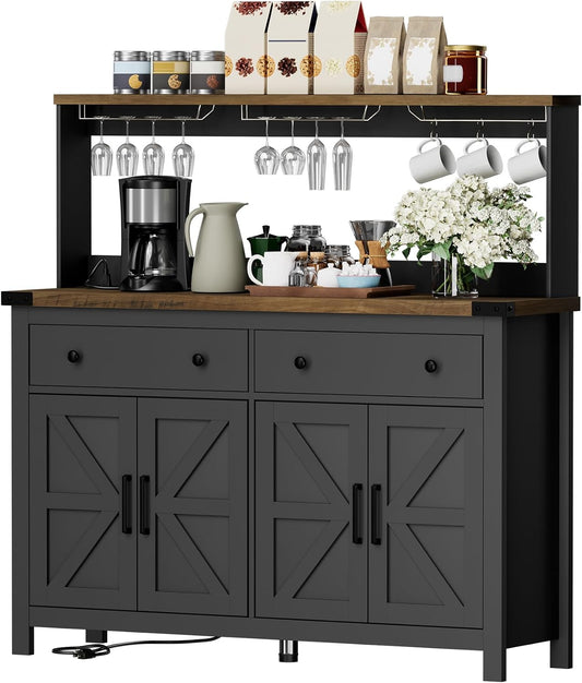 VVFLU Hutch Storage Cabinet Buffet with Drawers, and Charging Station, Coffee Bar Cabinet with Barn Doors, Wine Rack and Hooks, Countertop, Long Farmhouse, Black, for Kitchen, Dining Room, 54.1" High