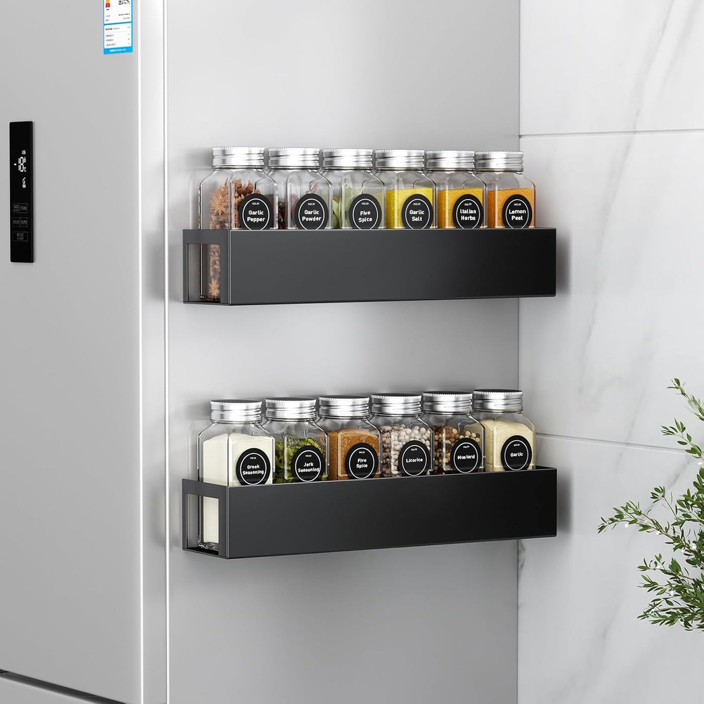 2 Pack Magnetic Spice Rack with 12 Spice Jars, Spice Labels, Magnetic Spice Organizer Shelf for Refrigerator, Microwave
