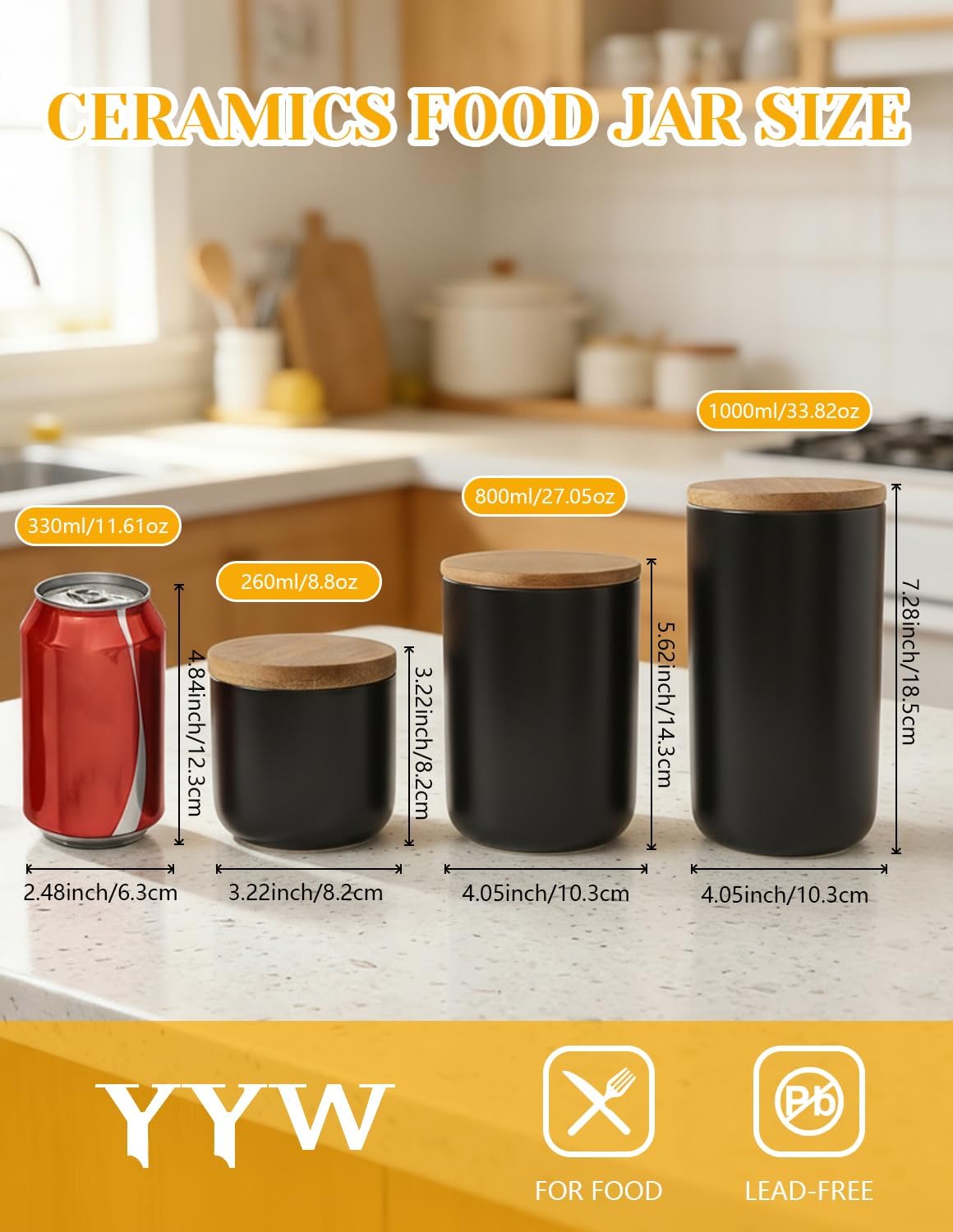 YYW Ceramic Food Storage Containers with Lids, 800ml/27oz Food Storage Jar | Black Kitchen Storage Containers, Good for Flour, Coffee Bean, Sugar, Tea, Spices and More, Home Decor