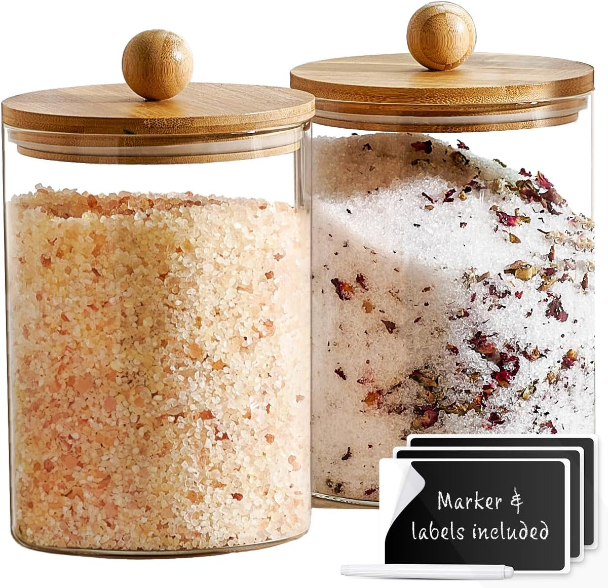 Le'raze Set of 2 Glass Canisters for Kitchen Counter with Airtight Bamboo Lids + Marker &amp; Labels - 68oz. Large Cookie Jars Wooden Lid, Food Storage Containers Pantry, Flour, Sugar, Pasta, Candy.
