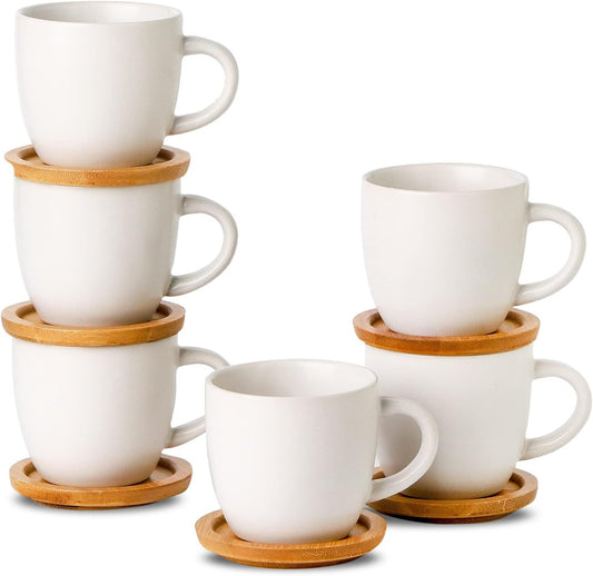Hasense 3 Ounce Espresso Cups and Saucers Set of 6, Demitasse Cups with Handle for Coffee Drinks, Latte, Cappuccino, Cafe