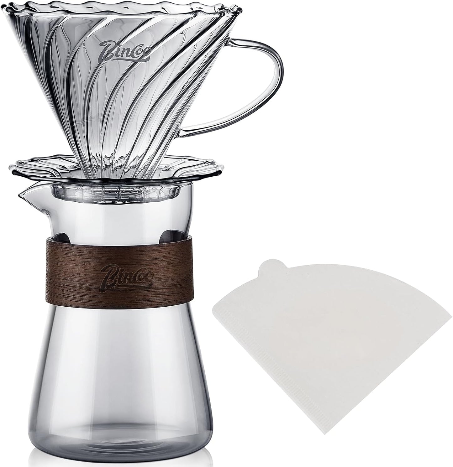 Bincoo Pour Over Coffee Dripper Set, V-shape 60° Cone Drip Coffee Maker, Included Borosilicate Glass Carafer and Coffee Dripper &amp; 50 Pcs Size 02 Paper Filter, 16oz(500ml) (Smoky Gray Set)