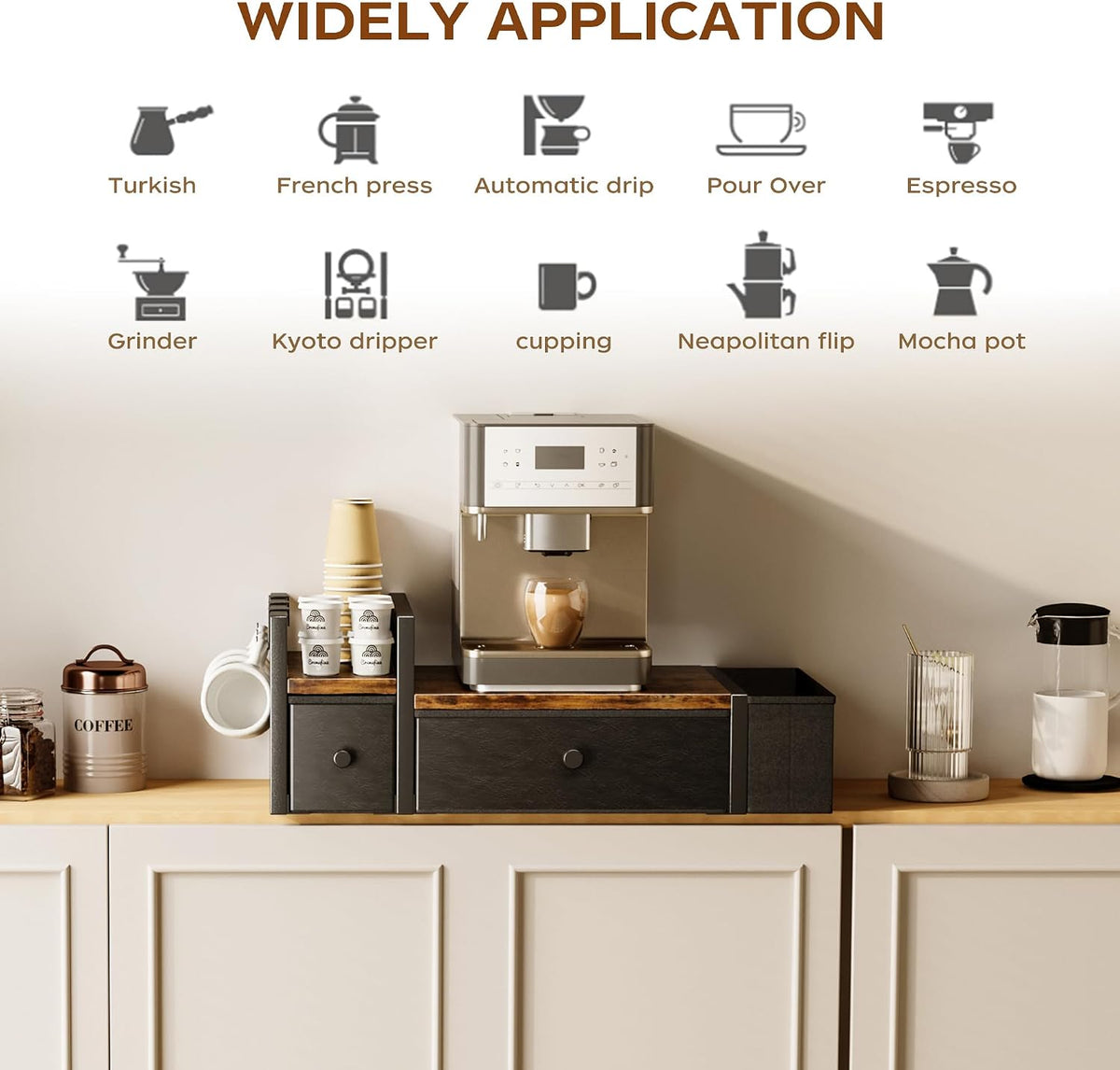 Homeiju Coffee Pod Drawers - K Cup Organizer, Nespresso Pods Holder with Mug Rack, Coffee Holder for Countertop, 52 Capacity Pods, Suitable for Kitchens, Offices and Coffee Bars(Brown)