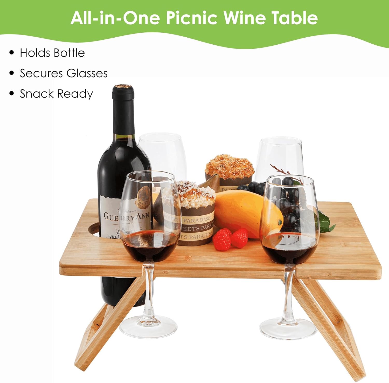 Portable Wine Picnic Table with 5 Wine Glasses Holder, Foldable Champagne Picnic Snack Table, Wine and Cheese Table for