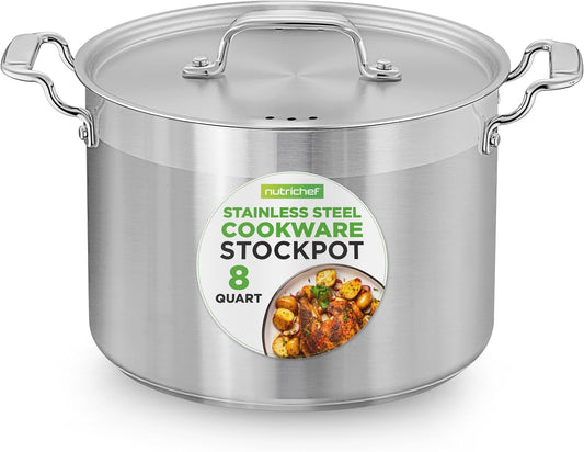 NutriChef 8 Qt Heavy-Duty Stockpot with Stainless Steel Lid - Induction Compatible Cooking Pot, Ideal for Soups and Stews