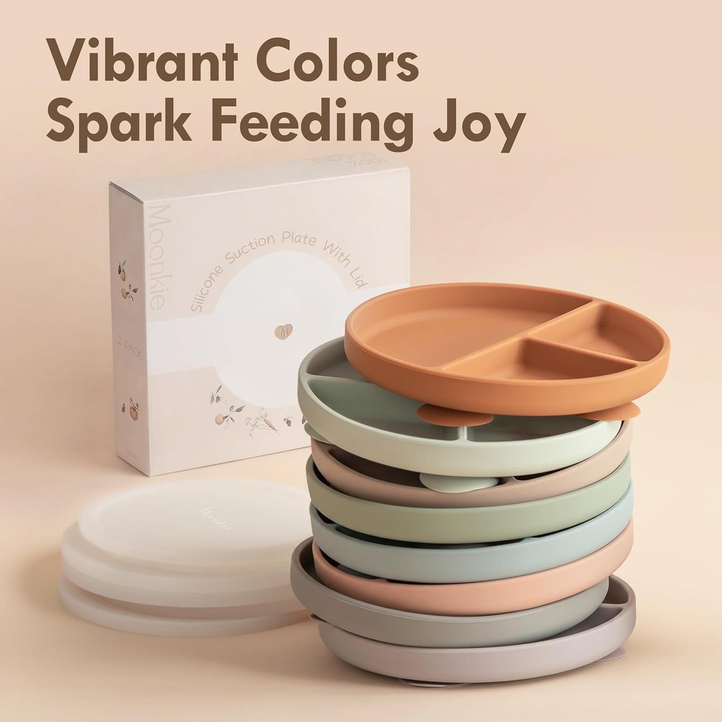 Moonkie Suction Plates for Baby | 100% Silicone BPA-Free Baby Plates with Lids and Food Cover | Divided Design | Microwave and Dishwasher Safe | Toddler Plates 2 Pack