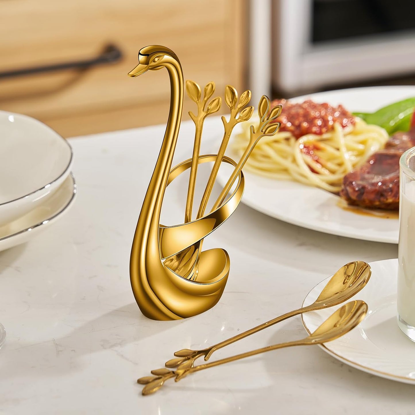 AnSaw Gold Swan Base With 10-Pcs Mini Leaf Coffee Spoon Holder Set - 4.7" | Stainless Steel Leaf Handle Spoons,Small Spoons,Espresso Spoons,Tea Spoons,Dessert Spoons,Demitasse Spoons