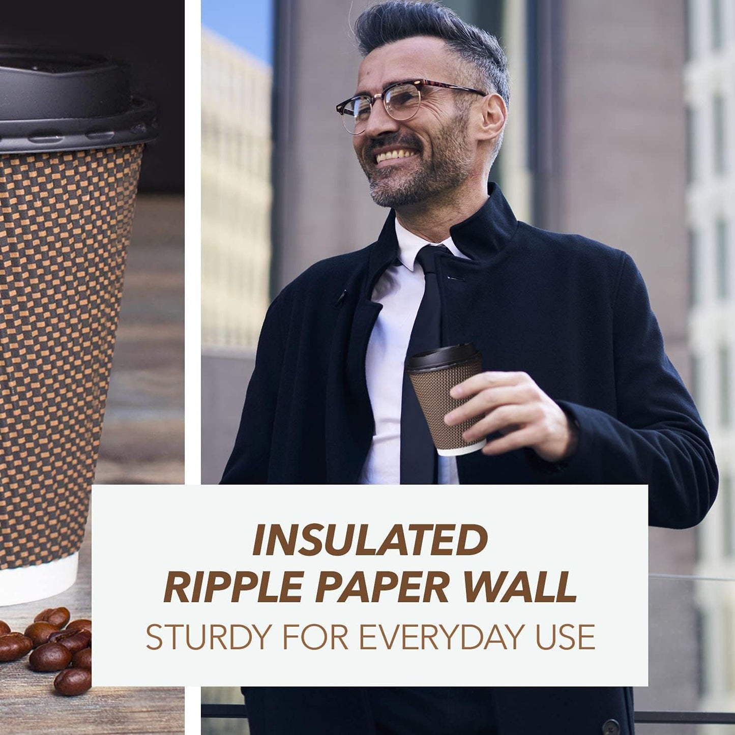 Promora Brown Disposable Coffee Cups With Lids 12 oz, Premium Insulated Paper Ripple Cups for Hot Coffee, Paper Coffee Cup with Lids (80 Pack)