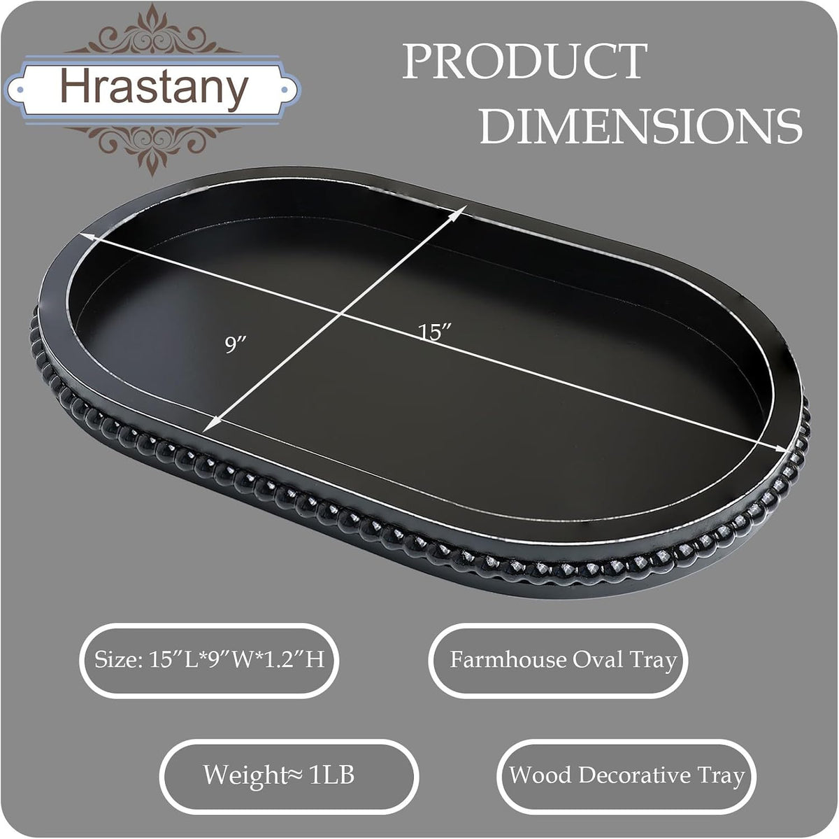 Hrastany Black Oval Wood Decorative Ottoman Tray for Coffee Table Kitchen Counter, Living Room, Handcrafted Wooden Serving Tray for Table Centerpiece