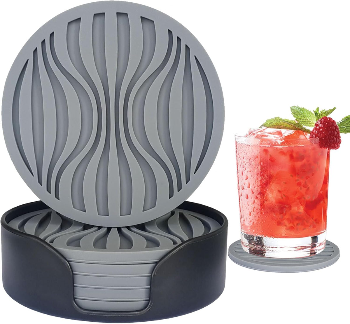 6 Pack Rubber Drink Coasters,Coasters for Drink with Holder,Silicone Cup Mat Non-Stick,Non-Slip,Thickened Live for Hot or Cold Drink-Pure Gray