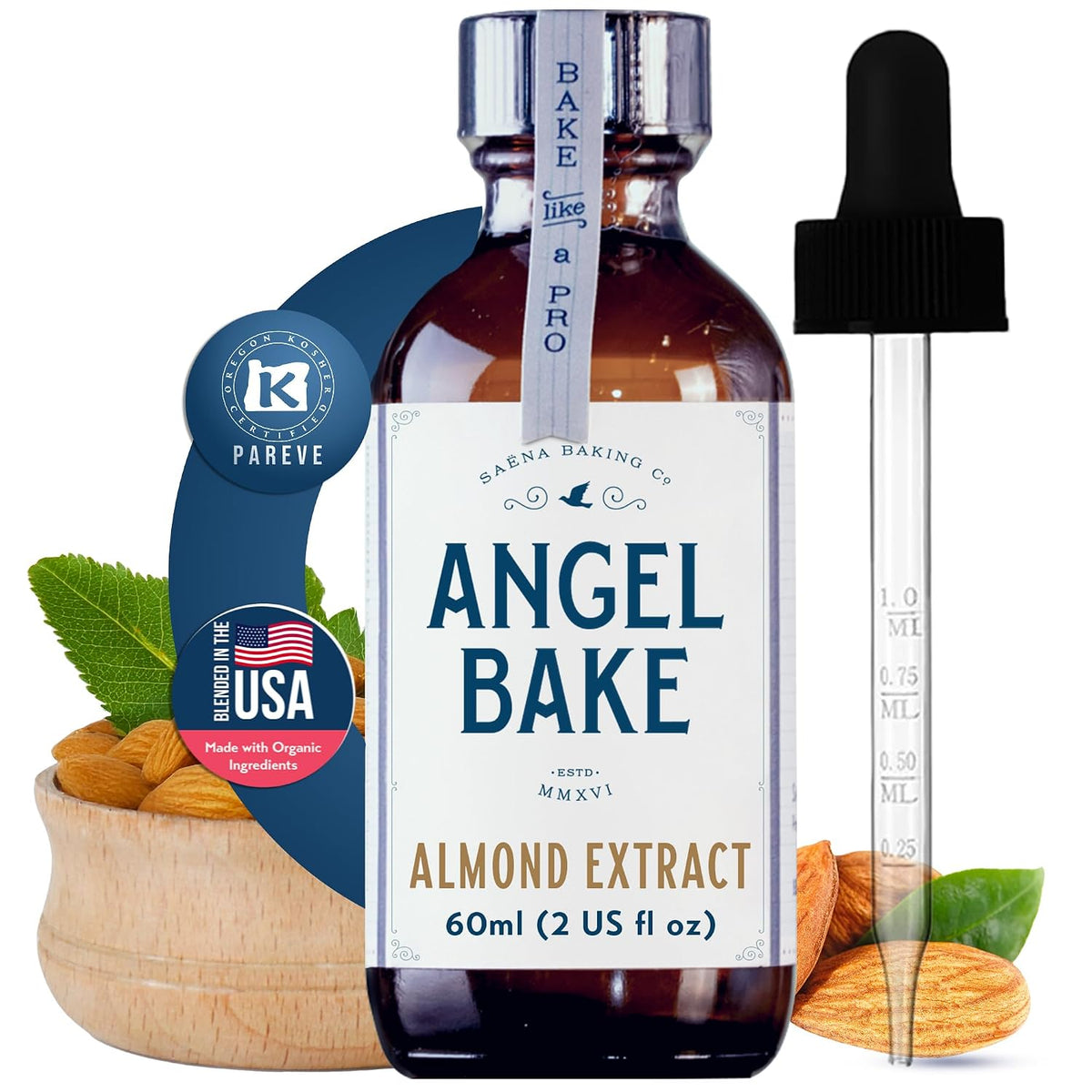 Angel Bake Pure Almond Extract, 2 oz | Water soluble, food safe culinary flavoring for baking, coffee, cocktails, drinks and macarons; vegan, gluten free, keto