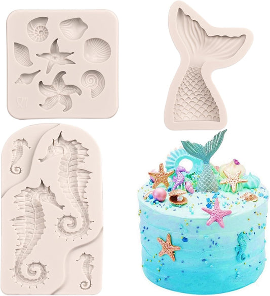 SAKOLLA Mermaid Theme Cake Fondant Mold - Seahorse Seashell Starfish Mermaid Tail Silicone Mold for Cake Decoration,