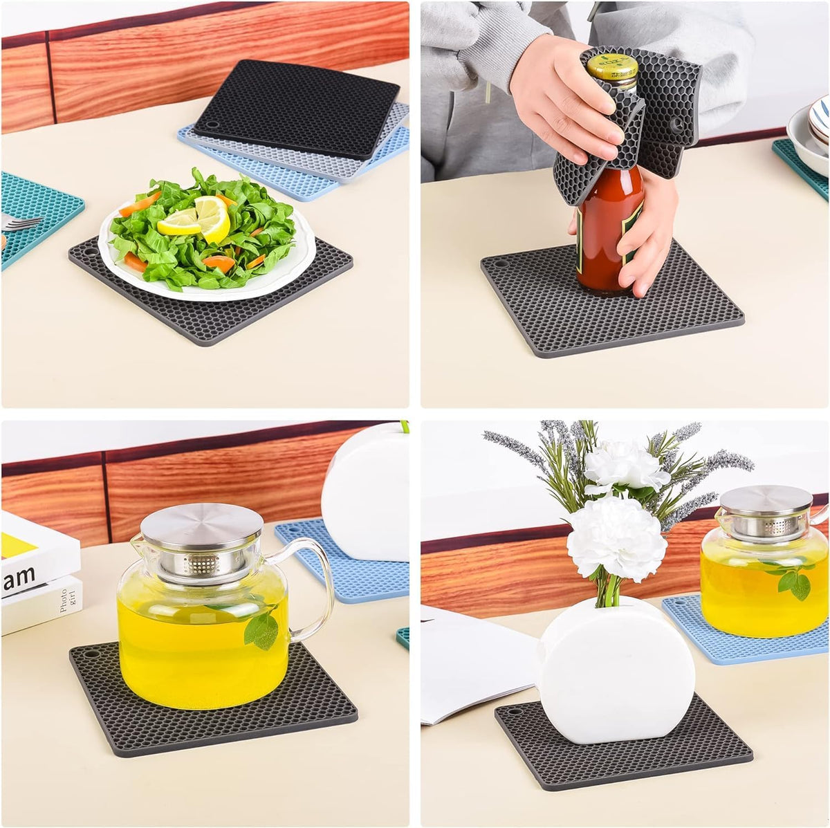 Silicone Trivets Mats, Silicone Hot Pads for Pot Holder, Square Trivets for Hot Dishes, Pots and Pans, Multipurpose Hot Pads for Kitchen Counter, Non Slip Heat Resistant Mats Set 4 Black