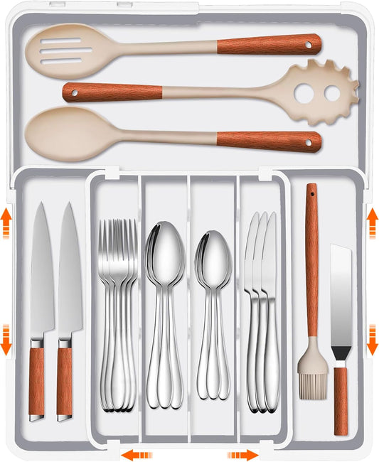Silverware Organizer - Expandable Kitchen Drawer Organizer, BPA-Free Food-Safe Utensil Drawer Organizer with 7 Compartments,