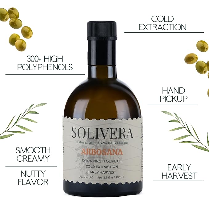 Solivera Arbosana Extra Virgin Olive Oil Cold Pressed 300+ High Polyphenols, Smooth Creamy & Nutty Flavor, Single-Origin Organic Olive Oil, Hand Picked Gourmet Oil - 16.8 fl. oz. (Arbosana)