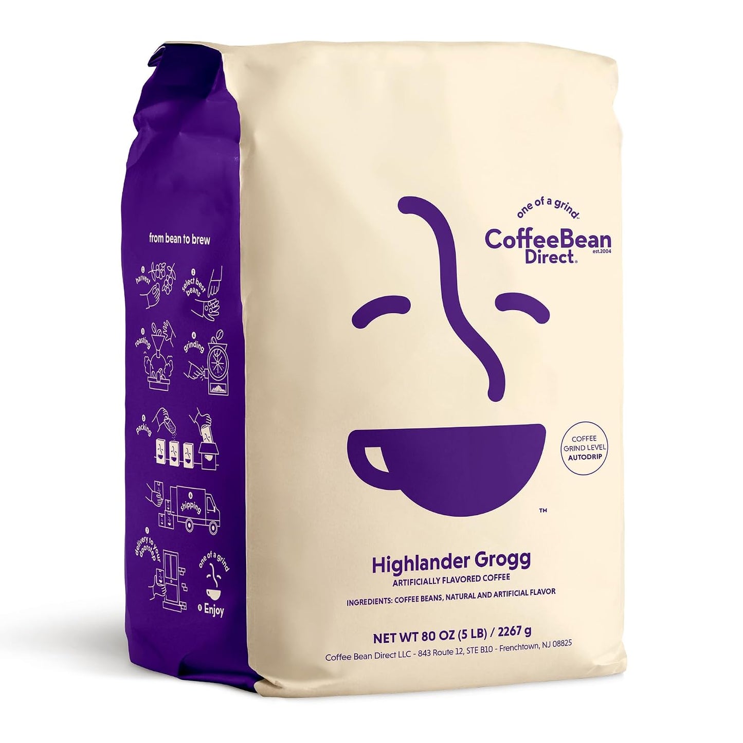 Coffee Bean Direct Highlander Grogg Flavored, Ground, 5lb Bag | Light Roast, Gourmet Flavored Coffee, Ground for Drip or Pour Over