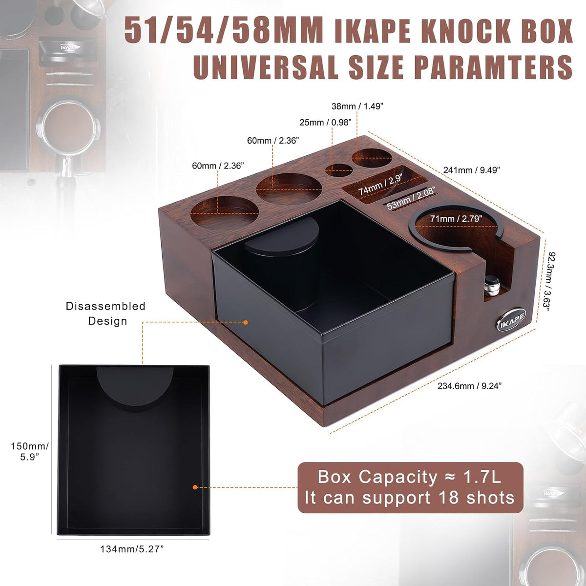 IKAPE V5 Espresso Knock Box, Espresso Coffee Organizer Box Fit for Storage 51, 54, 58MM Espresso Tamper, Distributor, Portafilter &amp; Puck Screen Accessories, Natural Walnut Station Base(9 IN One)