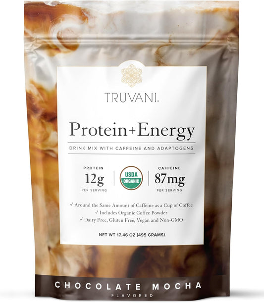 Truvani Protein + Energy Drink Mix with 87mg Caffeine | Chocolate Mocha | 12g Organic Plant Based Protein | 20 Servings |