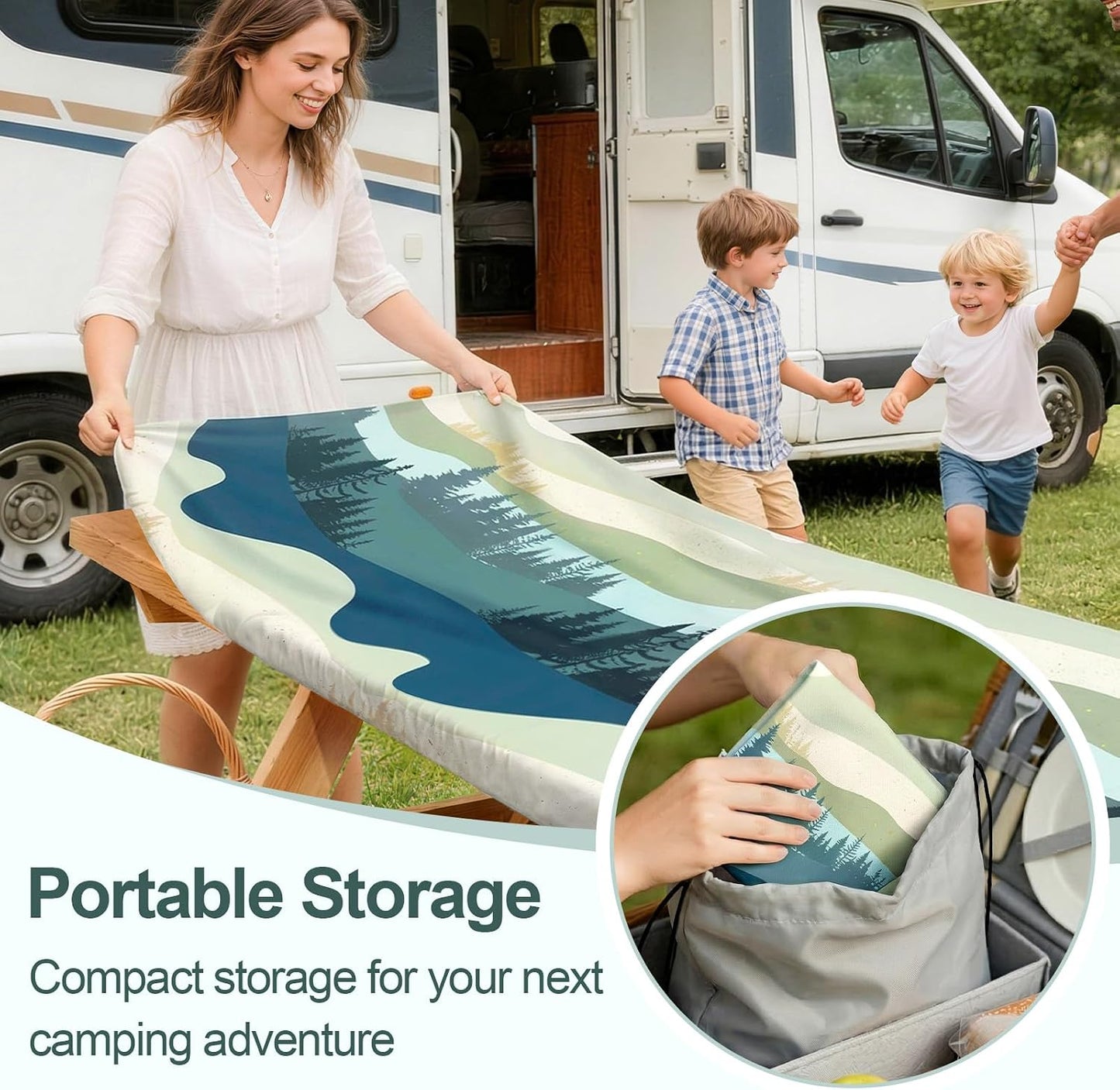 Picnic Table Cover with Bench Covers Camping Essentials Waterproof Windproof Camping Tablecloth with Drawstring Bag, Fit