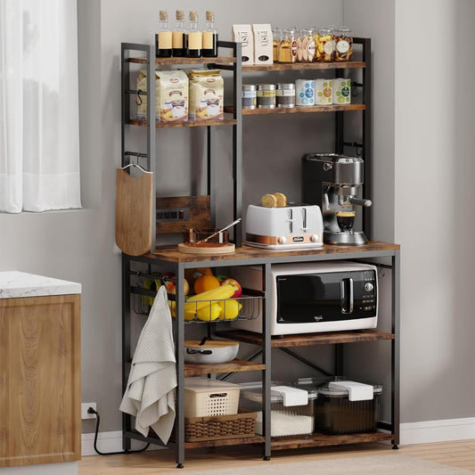 Cheersstar Bakers Rack with Power Outlet -, Standing Kitchen Baker’s Rack, 6-Tier Microwave Stand, Coffee Bar with 12 S-Shaped Hooks, Kitchen Shelf with Storage, Coffee Bar Station, for Rustic Brown