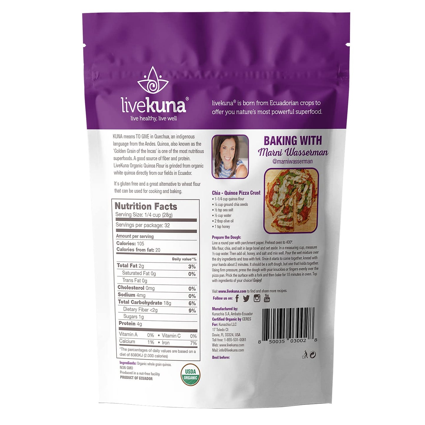 LiveKuna Organic Quinoa Flour, Gluten-Free Baking Flour, 32 oz