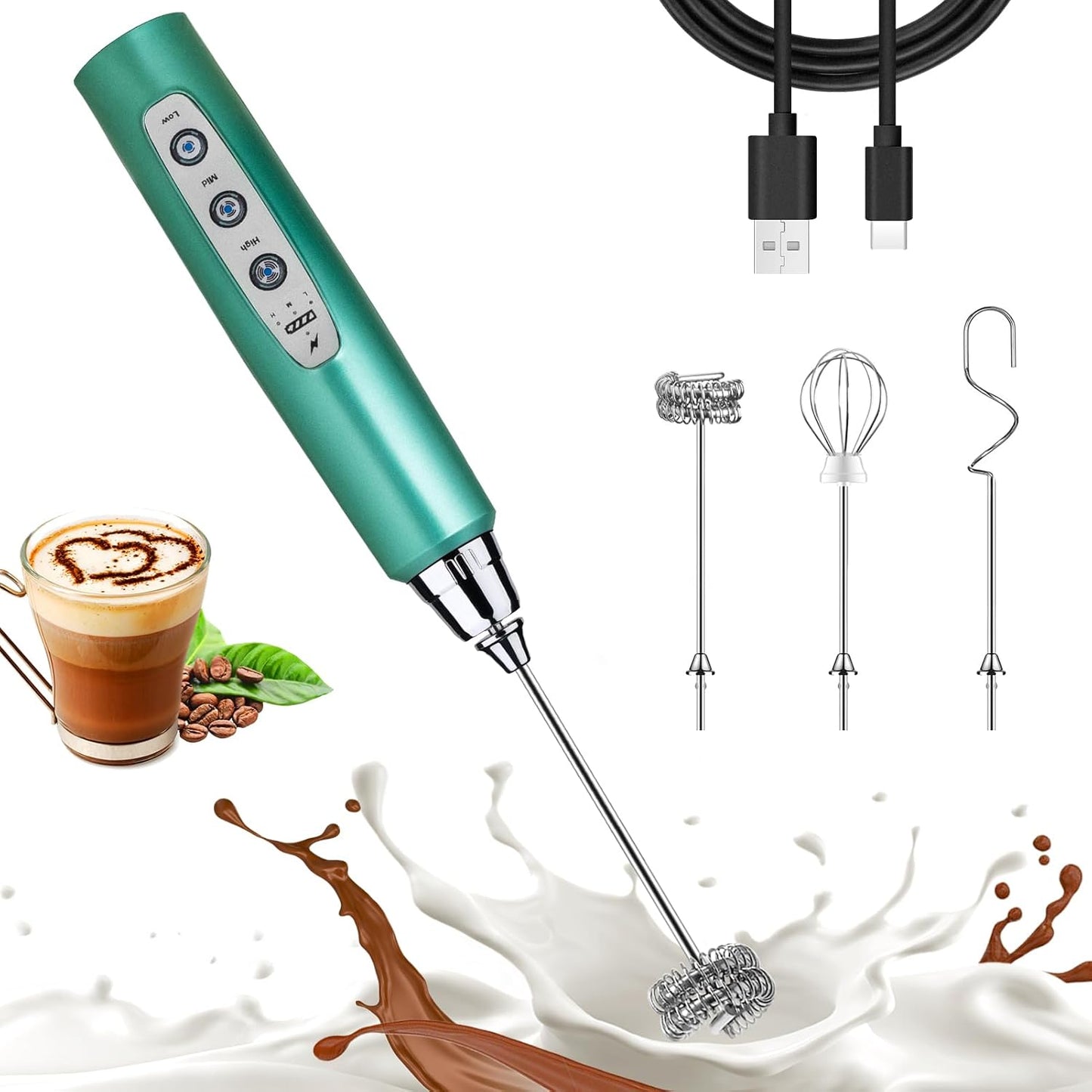 Nahida Green Milk Frother Wand for Coffee, Frother Handheld Rechargeable Electric Whisk with 3 Heads