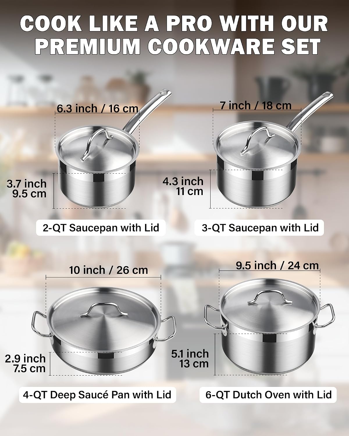 Cooks Standard Professional Cookware Set, Stainless Steel Pots Kitchen Set Includes Saucepans, Sauté Pan, Dutch Oven wit