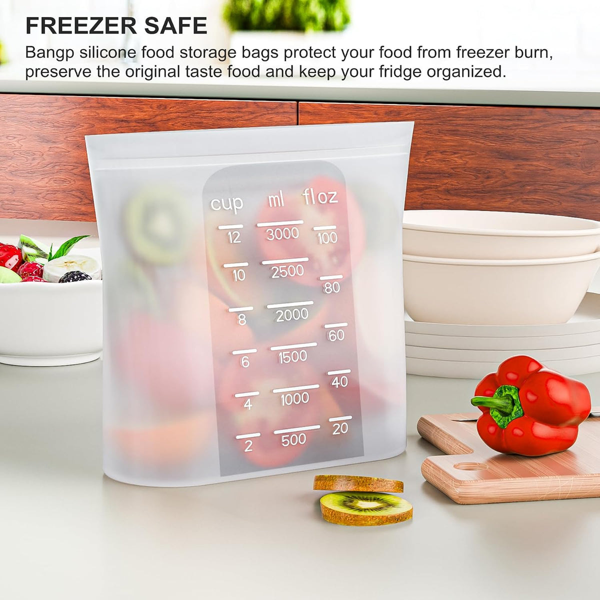 Bangp Premium Silicone Reusable Food Storage Bags,4 Pack(100oz, 50oz, 30oz,15oz),New Generation Stand Up Zip Freezer Bags,Sandwich Snack Bags,Multi-Use Food Storage Containers,Leak-free,Microwave Safe
