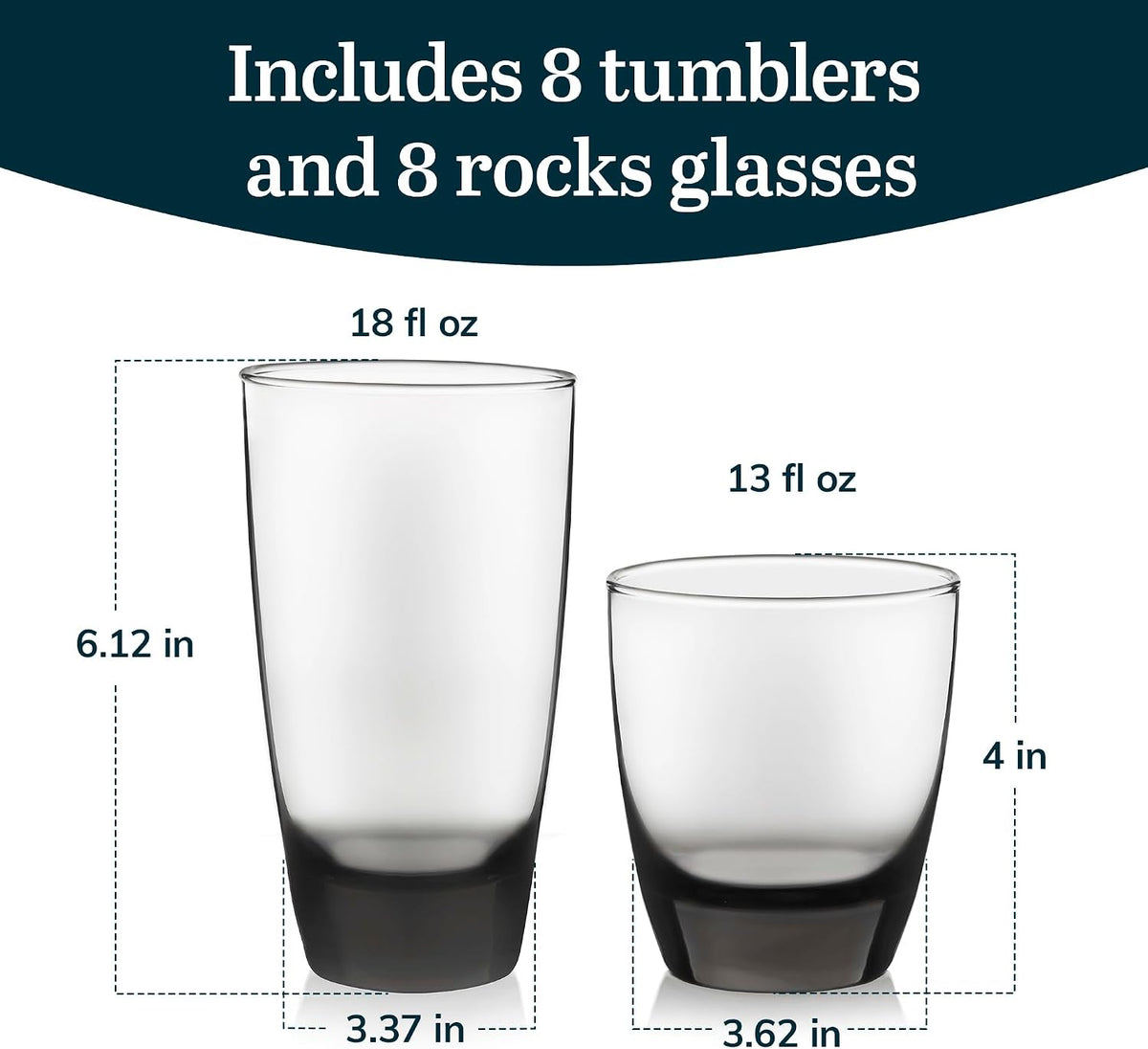 Libbey Classic Tumbler &amp; Rocks Drinking Glasses Set of 16, Clear Glass Cups | 18 oz and 13 oz Capacities for Water, Soda, Cocktails, and More with Smoke-Tinted Bases and Dishwasher-Safe Cleanup
