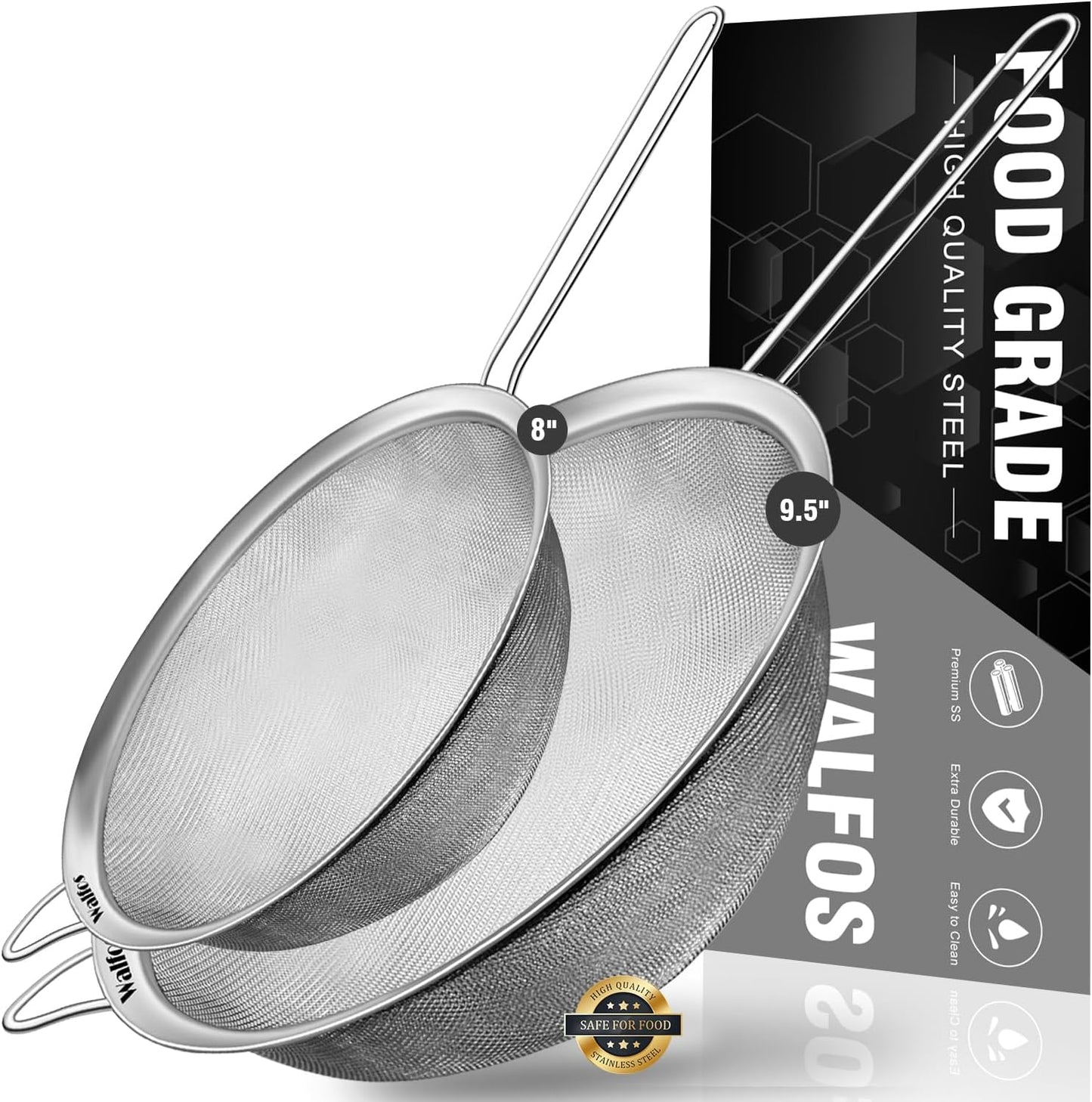 Walfos Large Fine Mesh Strainer 9.35" &amp; 7.8", Stainless Steel Mesh Sieve with Sturdy Handle, Kitchen Metal Food Strainers for Quinoa, Rice, Pasta, Fruits, Vegetables, etc., Set of 2