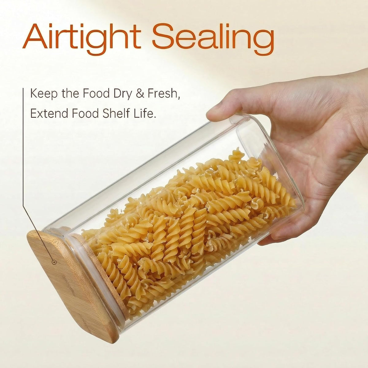 Square Glass Jars with Bamboo Lids 30 FL OZ [Set of 6], Glass Canisters with Airtight Lid, Glass Food Storage Container for Pasta, Flour, Sugar, Rice, Best for Kitchen & Pantry