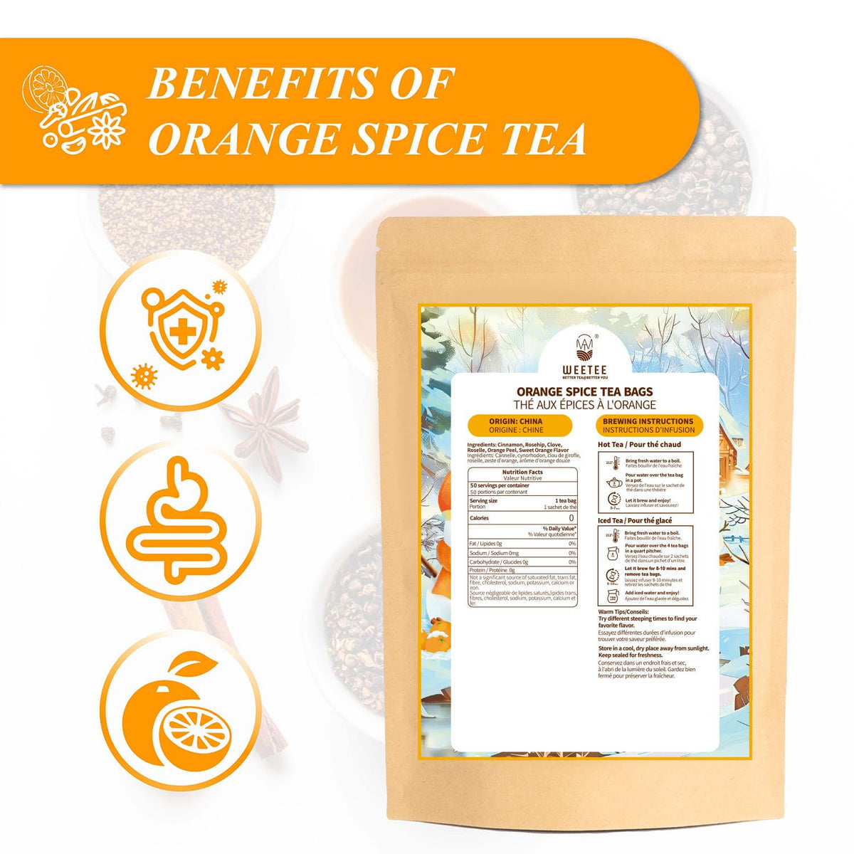 WT WEETEE Orange Spice Herbal Tea Bags 50count, Caffeine-free w/o Black Tea | Warming Winter Blend Perfect for Holidays, Hot or Iced, Sweet Spiced Citrus Tea with Cinnamon, Clove, Hibiscus &amp; Orange Peel